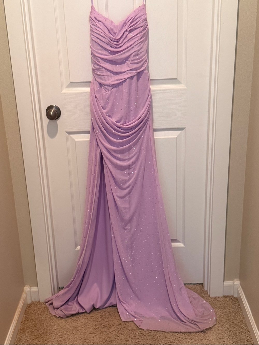 Beautiful Lavender Draped Evening Gown with Sparkle